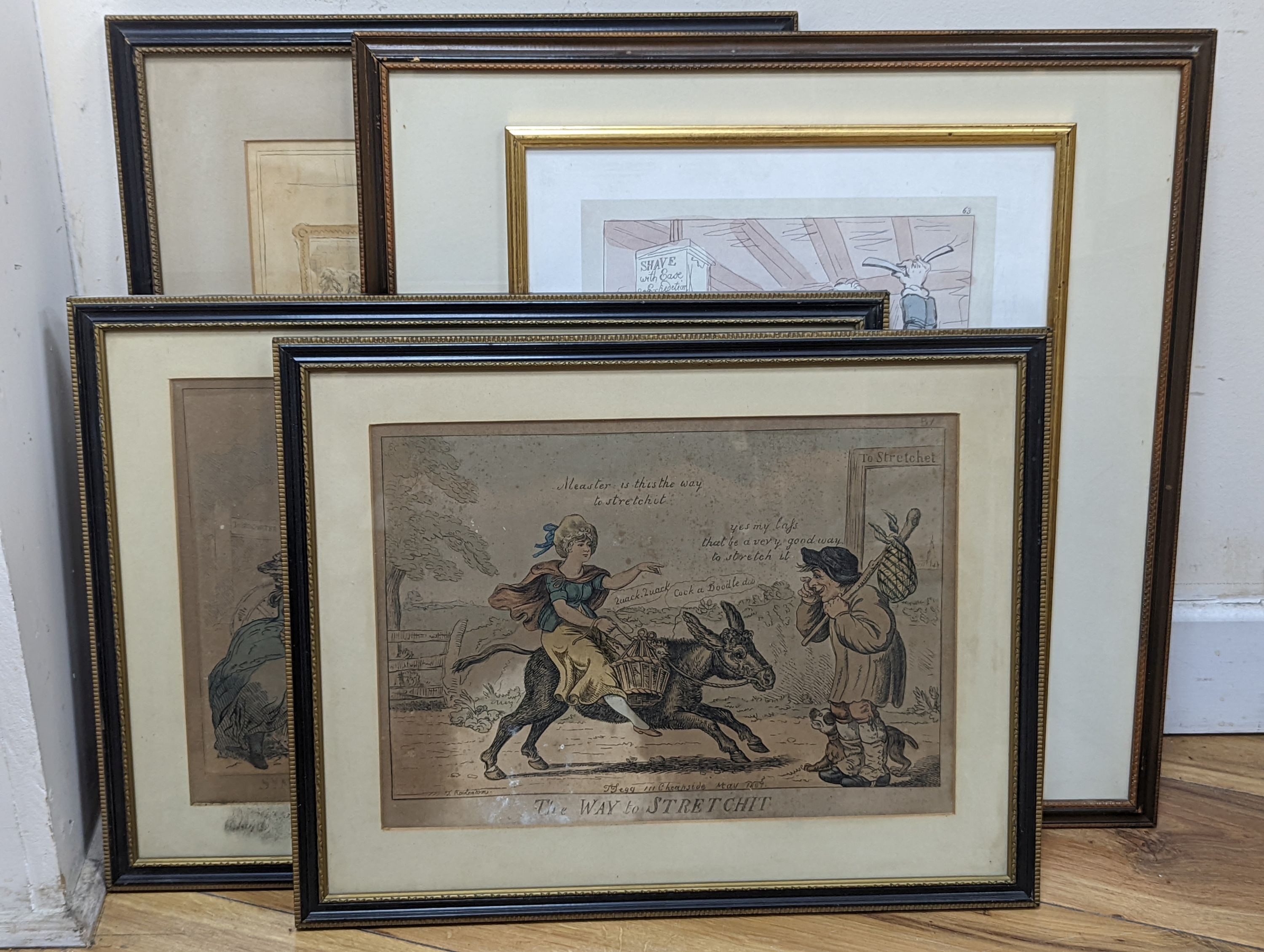 George Vernon Stokes (1873-1954), coloured etching, ‘’Springer Spaniels spying grouse’’, signed, 69/75, 25 x 30cm, together with four 18th century caricature prints